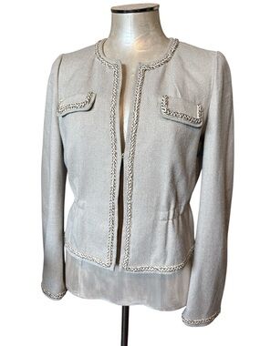 Rebecca Taylor Silk Blend Cream Collarless Blazer Braided Trim Sz 6 Quiet Luxury